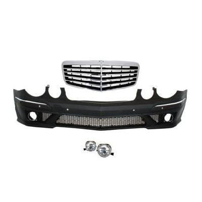 Предна тунинг броня за Mercedes W211 E-Class (2002-2009) - AMG с решетка и халогени