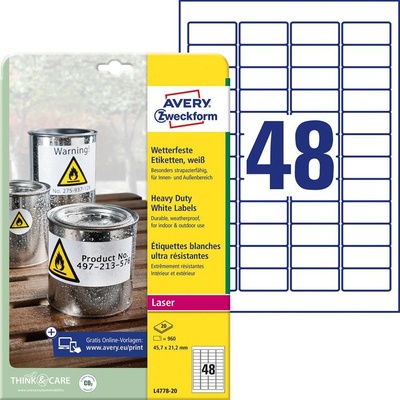 Avery-Zweckform L4778-20 45.7 x 21.2 mm prehľad produktov fólie biela 960 ks trvalé Fóliové etikety; L4778-20