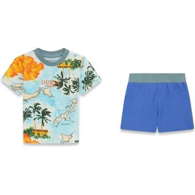 Guess Многоцветна тениска с оранжев надпис Guess и сини къси панталони за бебе момче