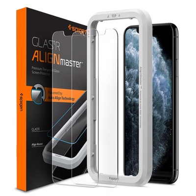 2 броя стъклени защитни покрития за дисплея на iPhone 11 Pro, iPhone XS, iPhone X - Spigen Glass. Tr Align Master Tempered Glass 2 Pack (прозрачен) (AGL00109)