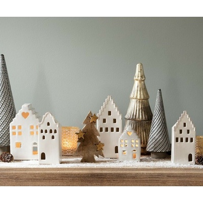 Béžová dekorace porcelánový domek s Led světýlky Christmas House M - 7*6*16 cm - Clayre & Eef