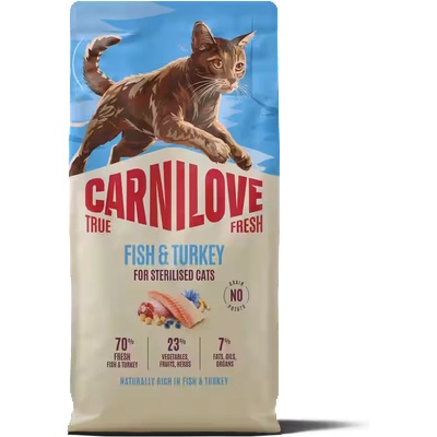 CARNILOVE TRUE FRESH Fish & Turkey for Sterilised Cats - Беззърнена храна с 44% прясна риба и 26% прясно пуешко месо за кастрирани котки 400гр