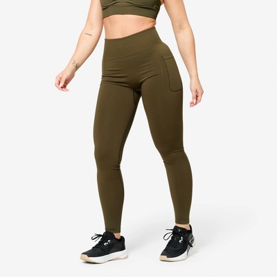 Domyos Dámske fitness legíny s vysokým pásom a push-up efektom kaki