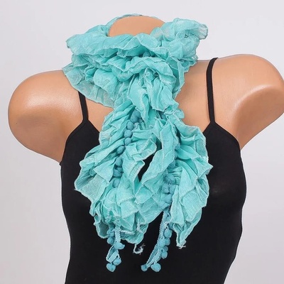 Стилен дамски шал в тюркоазено с топчета