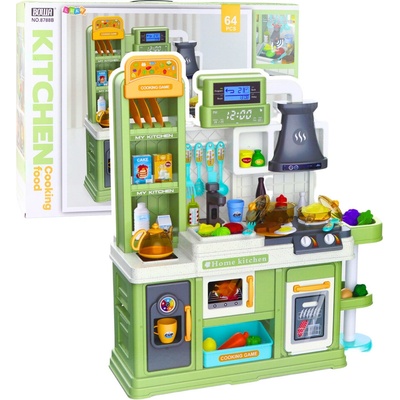LEAN Toys 28019 Dětská kuchyňka interaktivní 64 dílů - voda, pára a měnící se potraviny, zelená