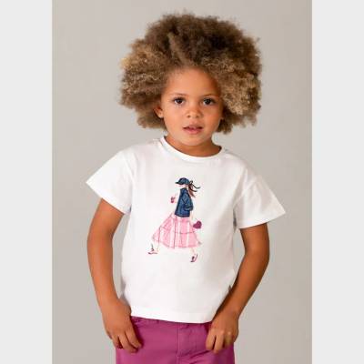 MAYORAL Тениска къс ръкав Бяла с розово-синя щампа за мини момиче Mayoral