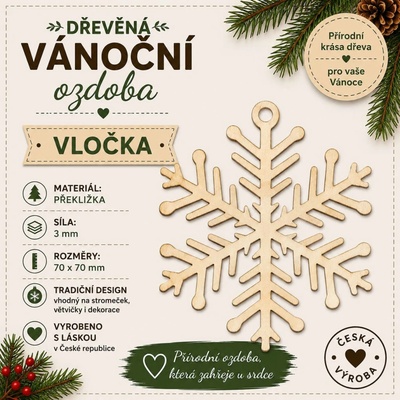 ADVIPO Dřevěná vánoční ozdoba Sněhová vločka 70 × 70 mm