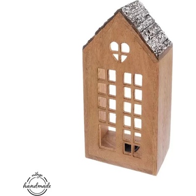 Svícen dřevo/kov MANGO domek v. 28,5 cm