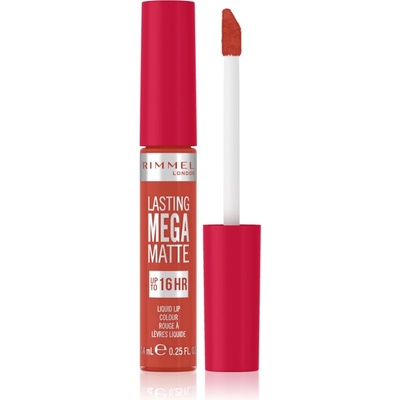 Rimmel Lasting Mega Matte леко течно матиращо червило 16 часа цвят Scarlet Flames 7, 4ml