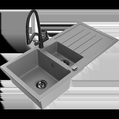Andres гранитна мивка с 1, 5 камери с капак и кухненски смесител Duo, сив - 6515-71-671701-70-B (6515-71-671701-70-B)