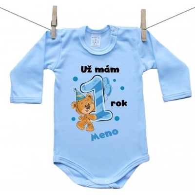 Boodyy Modré body s dlhým rukávom Už mám 1 rok s Medvedíkom a menom dieťatka Chlapec