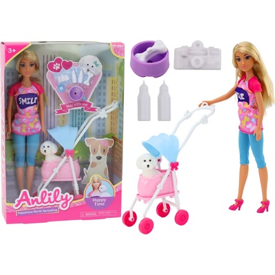 LEAN Toys Anlily so psom v kočíku miska na fľašu s kosťou