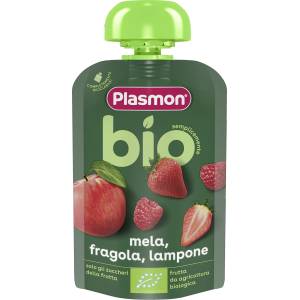 Plasmon БИО Плодова закуска Ябълка и ягода 6м+ 100г - topcho-online