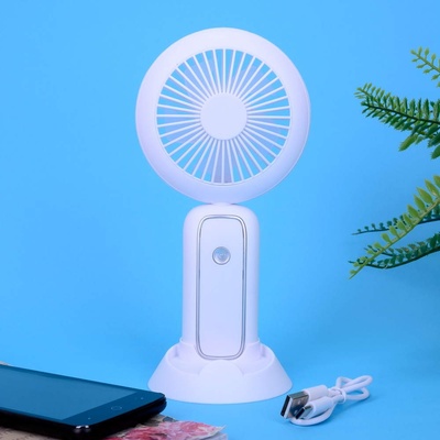 Бял ръчен вентилатор с поставка за телефон и led осветление