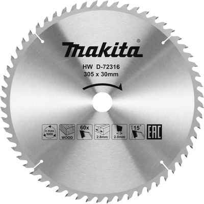 Makita Циркулярен TCT режещ диск за дърво, Makita D-72316, 305x30x60T (D-72316)