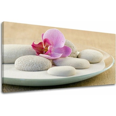 Obraz orchidey a kameňov na plátne na sklenenej miske – Feng Shui - 50x100 cm