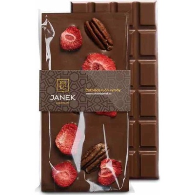 Čokoládovna Janek Mléčná čokoláda s pekanovými ořechy a lyofilizovanými jahodami 34% 95 g