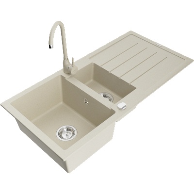 Mexen Andres гранитна мивка 1, 5-коморна с отцедник и кухненски смесител Telma, бежов - 6515-69-670200-69 (6515-69-670200-69)