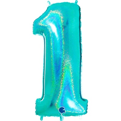 Nafukovací balónik číslo 1 tyrkys holografický 102 cm Grabo