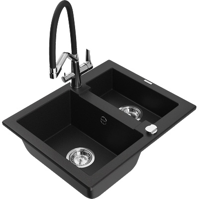 Mexen Carlos гранитна кухненска мивка с 1, 5 корита и кухненски смесител Duo, черен - 6518-77-671701-07 (6518-77-671701-07)