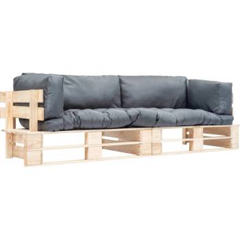vidaXL Градински диван от 2 части със сиви възглавници бор (277484)