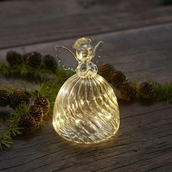 SIRIUS LED svetelný sklenený anjel, 13cm, číry, biely dekor