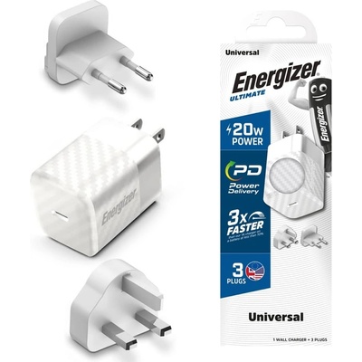 Energizer Зарядно устройство Energizer A20MU, USB-C, EU, UK, US, 20W, Бял (A20MUWH)