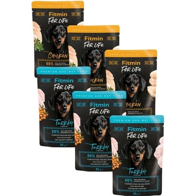 Fitmin For Life Dog Adult Mix příchutí kuře s bylinkami a krůta s rakytníkem v omáčce 6 x 85 g