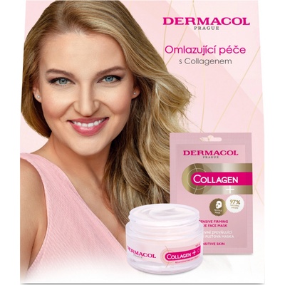 Dermacol Collagen Plus Intensive Rejuvenating intenzívny omladzujúci denný krém 50 ml + spevňujúca a hydratačná textilná maska 1 kus, pre ženy