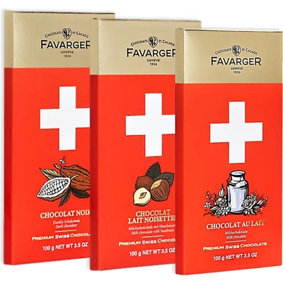 Favarger švýcarská Mléčná + Mléčná s lískovými ořechy + Hořká 60 % 3 x 100 g