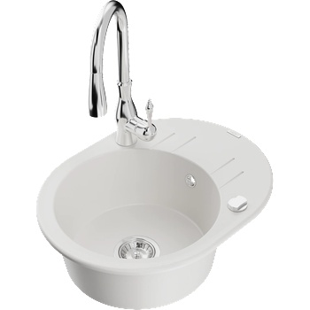 Mexen Kevin гранитна кухненска мивка с 1 отделение с отцедник и кухненски смесител Savita, бял - 6517-20-672601-00 (6517-20-672601-00)