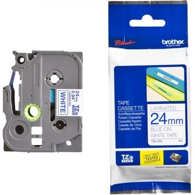 Brother Originální páska TZE-253 24 mm modrý tisk na bílém podkladu