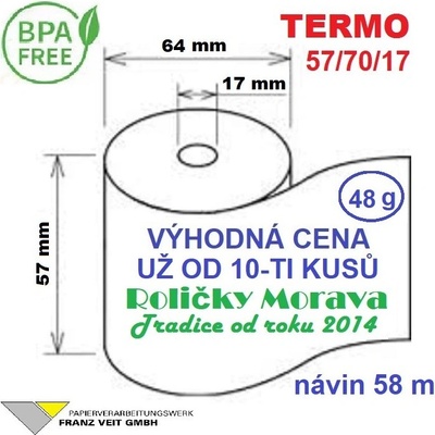 Termo kotouček 57/70/17 BPA 58m (57mm x 58m) Množství: 10 ks kotoučků ve fólii