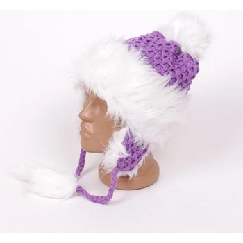 Лилава плетена детска шапка с декорация от бяло пухче