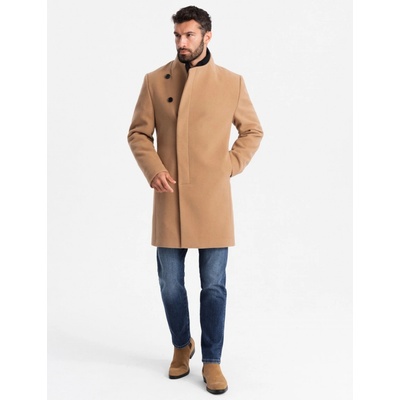 Ombre Clothing pánský kabát s asymetrickým zapínáním a vysokým límcem světle hnědý – Sleviste.cz