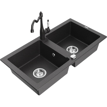 Mexen Mario гранитна мивка с 2 отделения с кухненски смесител Carla, черен с пръски - 6504-76-670700-76 (6504-76-670700-76)