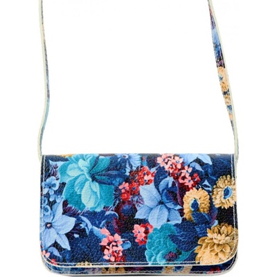 Kožená dámská podélná crossbody kabelka v motivu květů modrá