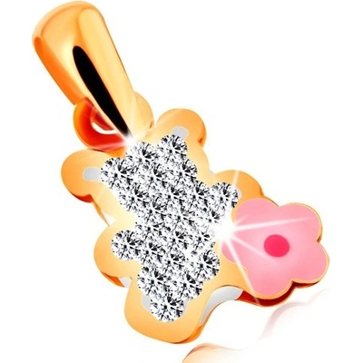 Šperky Eshop Zlatý přívěsek 585 čirý zirkonový medvídek s růžovým glazovaným kvítkem S2GG167.11