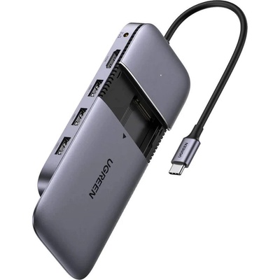 UGREEN 6-in-1 USB-C Hybrid Multiport Adapter - мултифункционален хъб за свързване на допълнителна периферия и SATA M. 2 за компютри с USB-C порт (тъмносив)