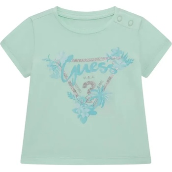 GUESS Зелена тениска със сребристо лого Guess с глитери и цветя за бебе момиче