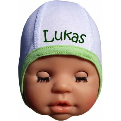 Abenys kojenecká čiapka BABY s menom biela s farebným lemom žltá