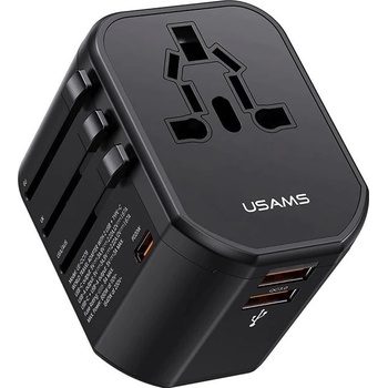 USAMS Захранване с 1xUSB-C и 2xUSB-A изхода и преходници за цял свят в едно устройство за мобилни устройства - Usams T59 4-in-1 World Travel Adapter 20W (черен) (USA1008)