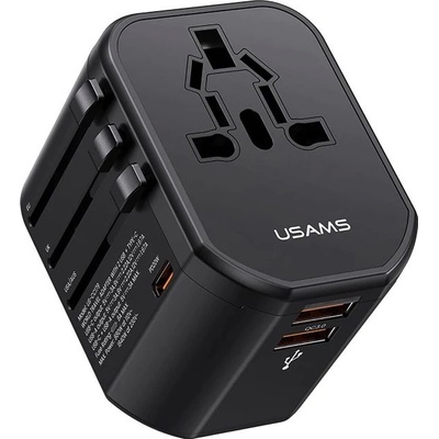 USAMS Захранване с 1xUSB-C и 2xUSB-A изхода и преходници за цял свят в едно устройство за мобилни устройства - Usams T59 4-in-1 World Travel Adapter 20W (черен) (USA1008)