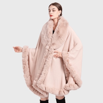 Стилно пончо в цвят лотос с пухкава шал яка