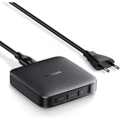 UGREEN GaN Travel Fast Wall Charger 100W - захранване за ел. мрежа за лаптопи, смартфони и таблети с USB и 3xUSB-C изходи с технология за бързо зареждане (черен)