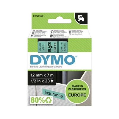 Dymo originál páska do tlačiarne štítkov, Dymo, 45019, S0720590, čierny tlač/zelený podklad, 7m, 12mm, D1