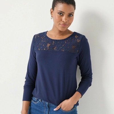 Blancheporte Tričko s okrúhlym výstrihom dlhými rukávmi a čipkou nám. modrá