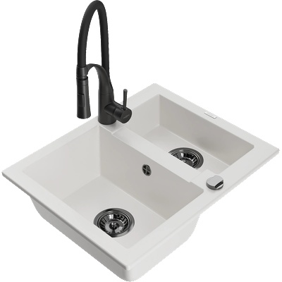 Mexen Carlos гранитна мивка с 1, 5 отделения с кухненски смесител Aster, бял - 6518-20-73450-70-B (6518-20-73450-70-B)