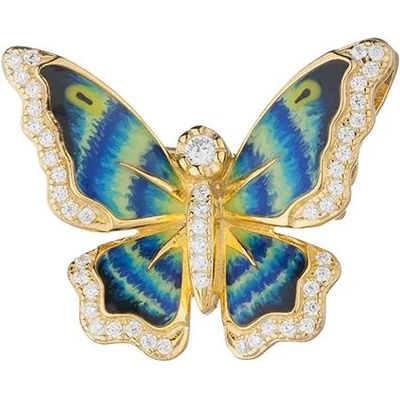 Swan Брошка пеперуда от сребро и злато с ръчно изрисувани криле и украса от циркони Swan