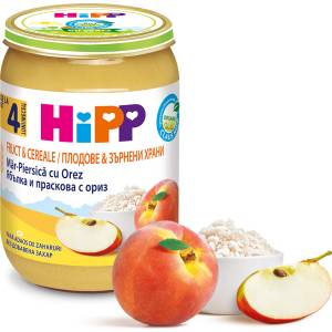 Hipp БИО Праскова и ябълка с пълнозърнест ориз 4м+ 190г
